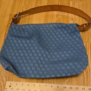Dooney & Bourke Blue Monogram Shoulder Bag with Tan Leather Strap